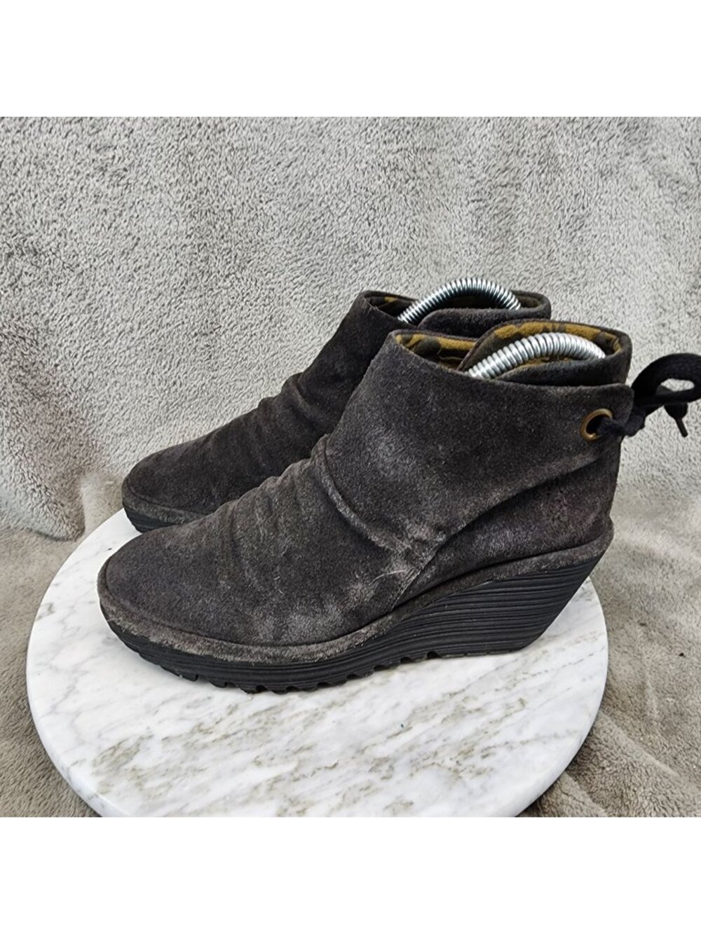 Fly London Shoes Womens Size 6.5 Black Suede Yebi Wedge Ankle Boots *Read*